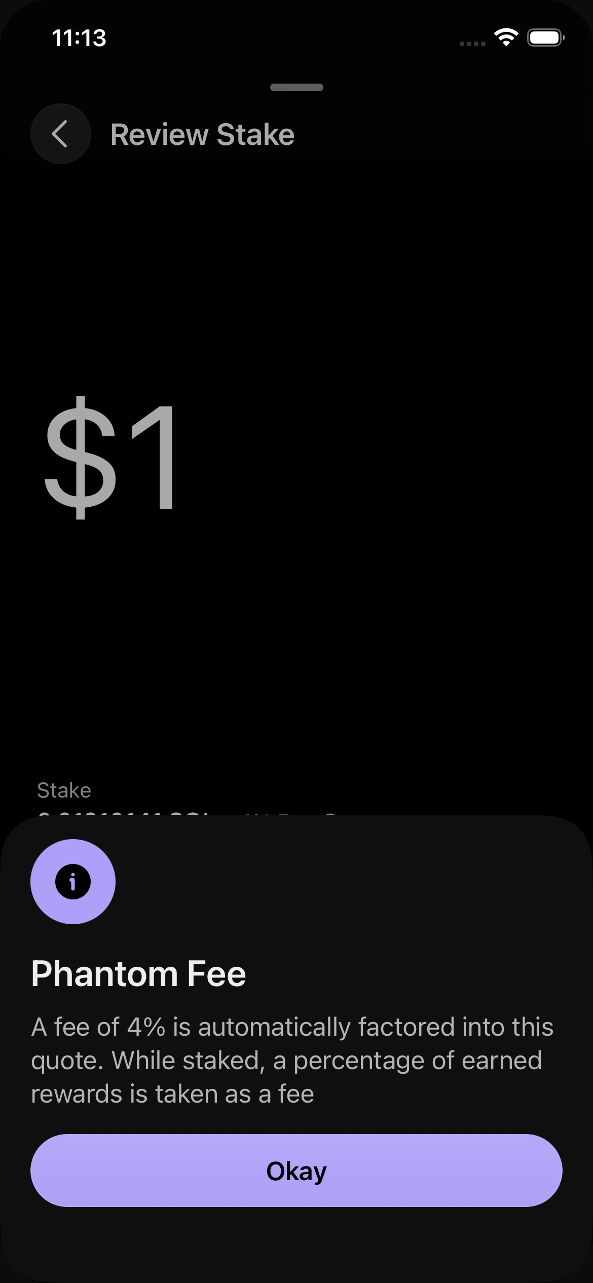 Phantom Fee sheet — purple outer ring with black inner circle and i glyph, primary purple Okay button