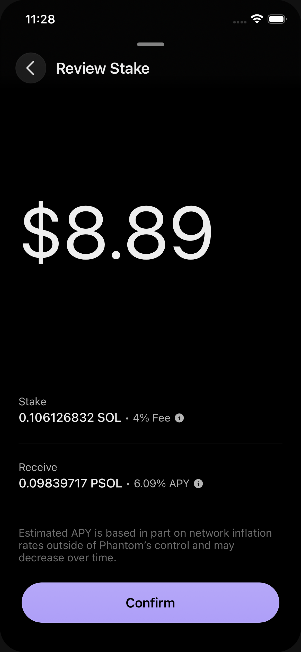 Mint PSOL — review with Stake 0.1061 SOL · 4% Fee · Receive 0.0984 PSOL · 6.09% APY