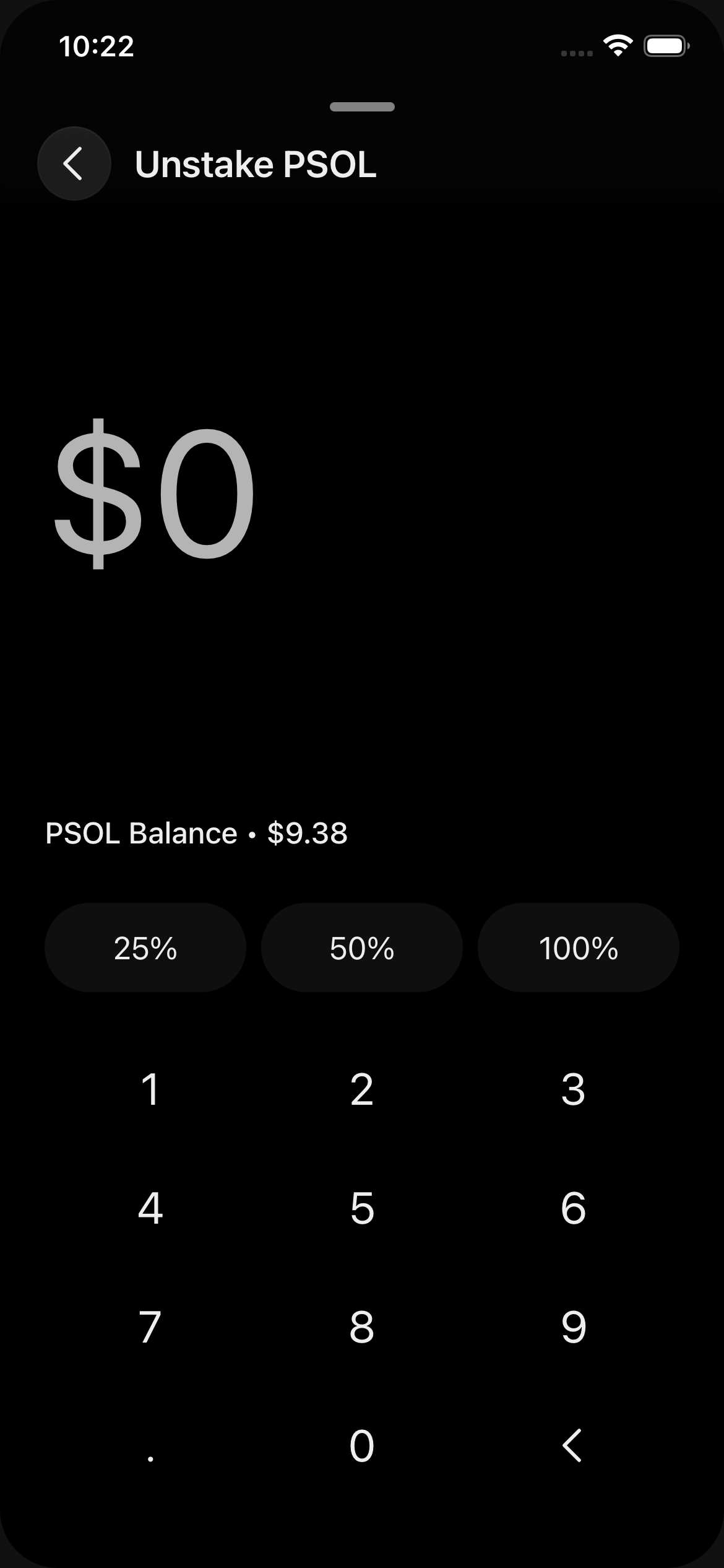 Unstake PSOL — empty $0 state with PSOL Balance $9.38 and 25/50/100% chips