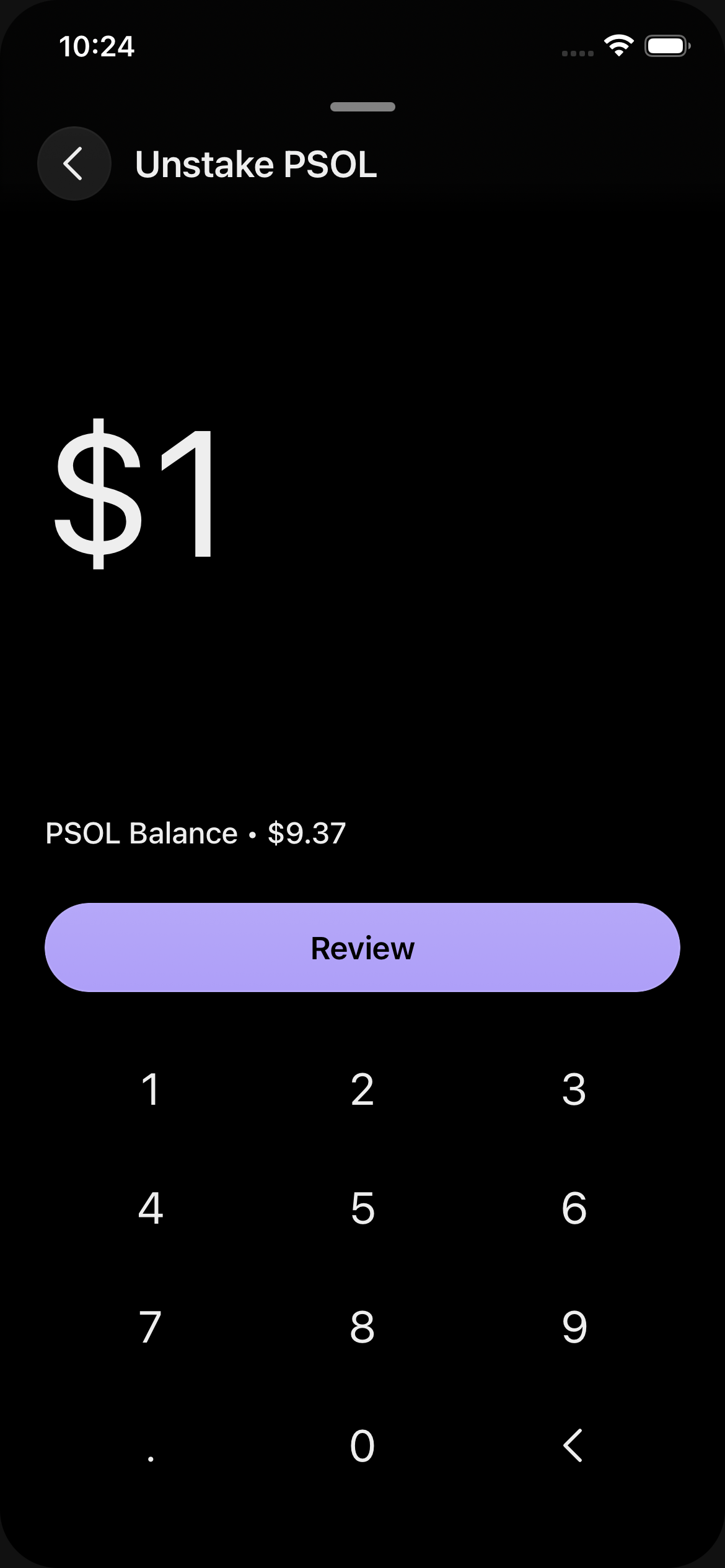 Unstake PSOL — $1 entered, Review CTA enabled, PSOL Balance $9.37