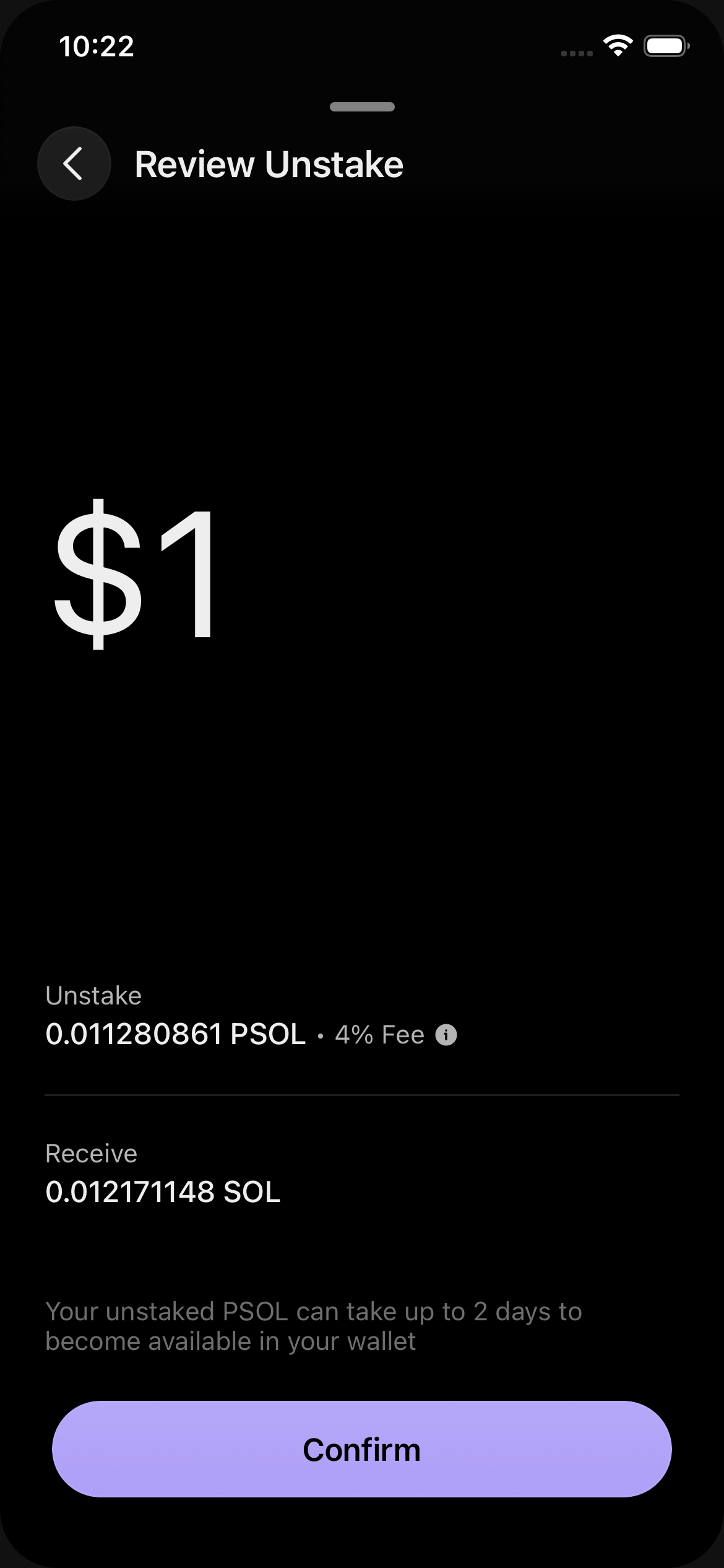 Review Unstake — $1 · Unstake 0.011280861 PSOL · 4% Fee · Receive 0.012171148 SOL · 2-day delay copy · Confirm